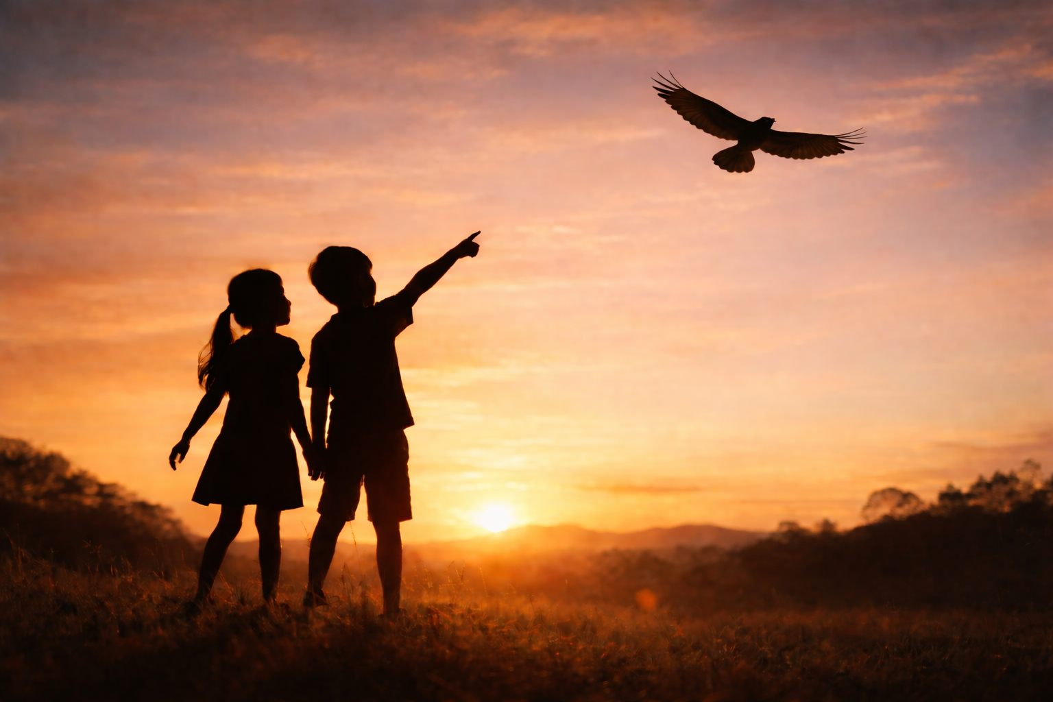 Two children silhouetted at sunset, pointing at a bird taking flight