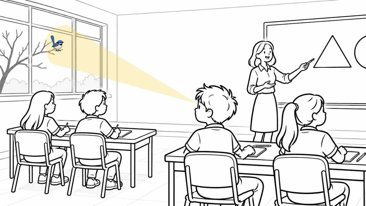 Illustrated classroom: while the teacher explains shapes on the board, a boy turns to look at a small blue wren outside the window. A yellow spotlight beam shows his attention has moved to the bird.