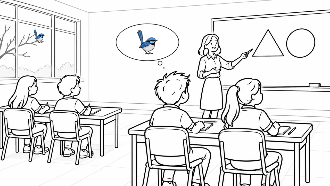 Illustrated classroom: the boy now faces the teacher, but a thought bubble above his head shows he is still thinking about the blue wren outside the window.